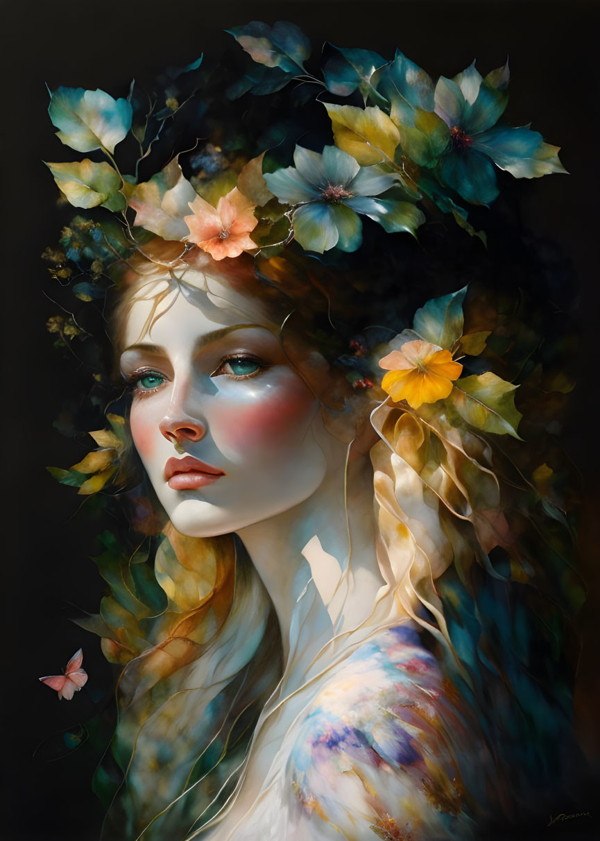 Vibrant painting of woman with floral crown and butterfly