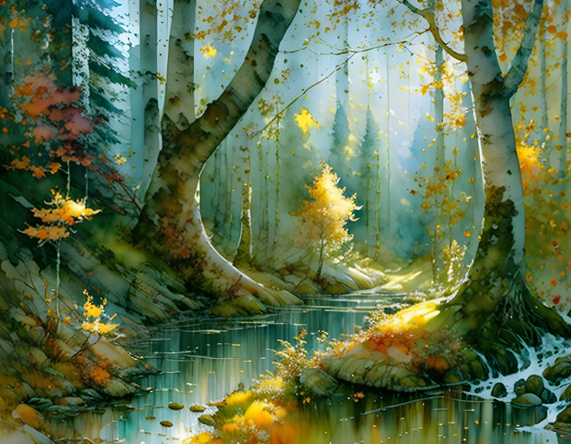 Enchanted forest with sunlight, stream, and autumn leaves