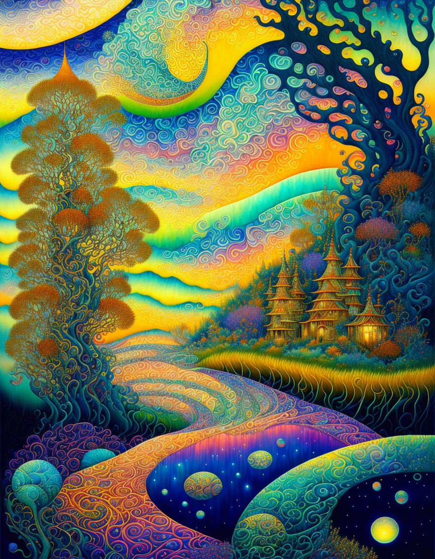 Colorful psychedelic landscape with tree, swirling patterns, hills, and celestial elements