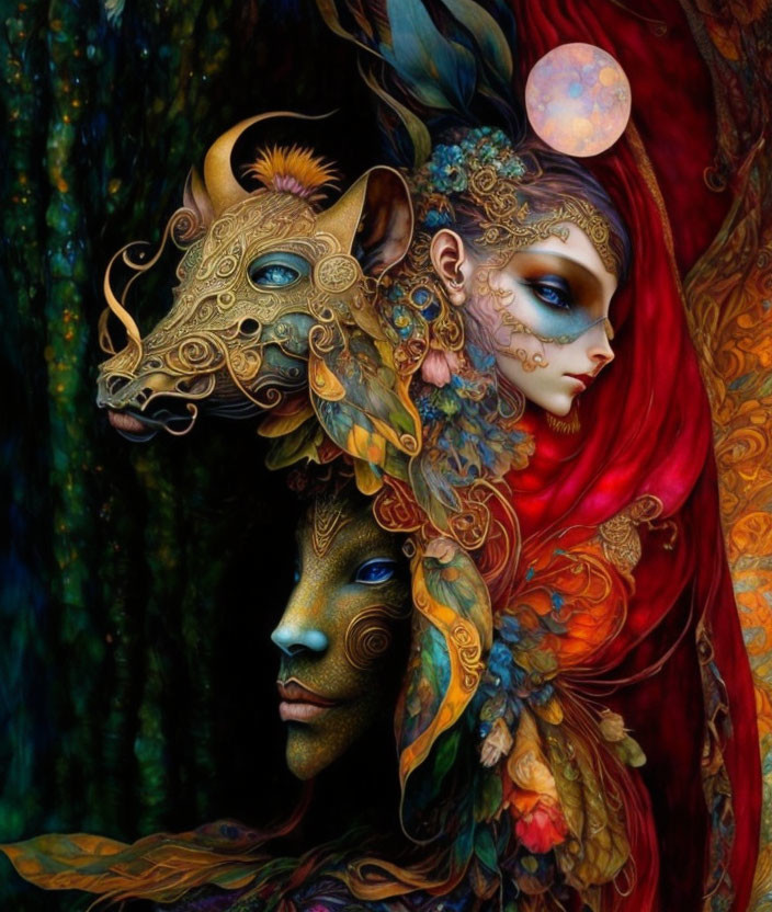 Vivid mystical faces with animal features in ornate art