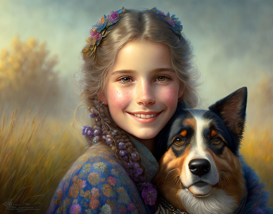 Young girl with floral headband and dog in serene field