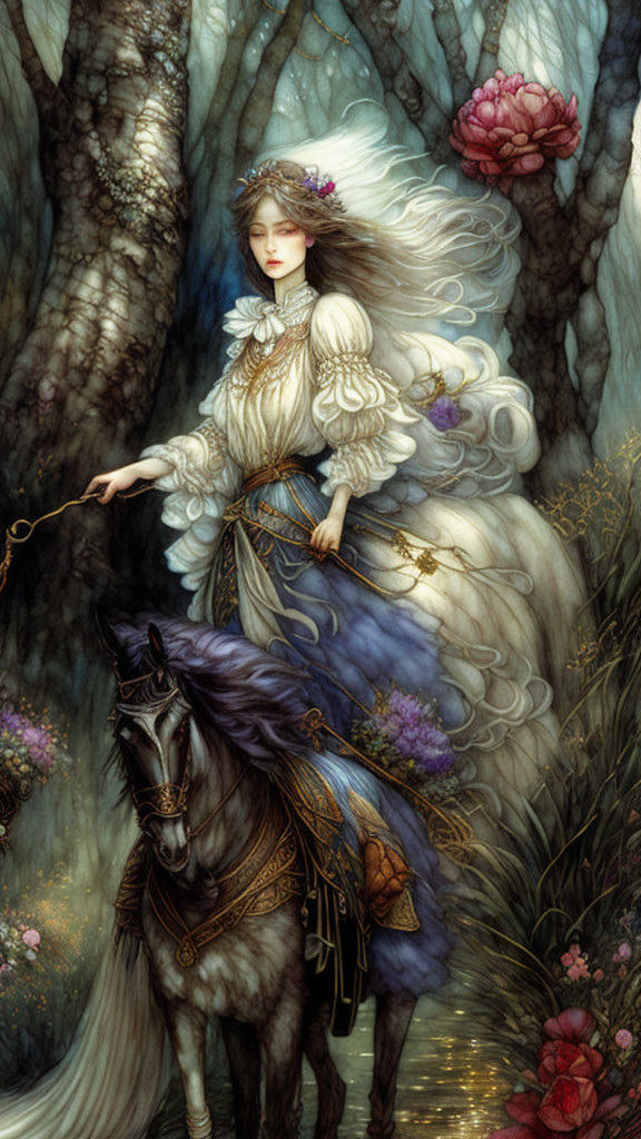 Woman in white gown rides black horse through flower-filled forest