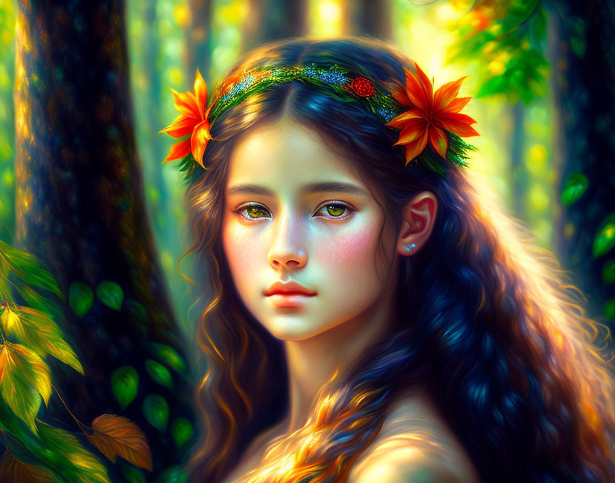 Digital portrait of young girl with floral headband in sunlit forest