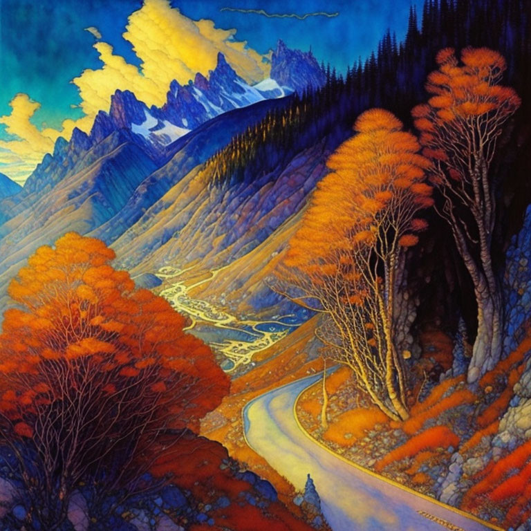 Colorful mountain landscape with winding road and fiery foliage under yellow sky
