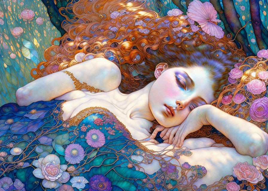 Sleeping woman with auburn hair among vivid flora and gold jewelry