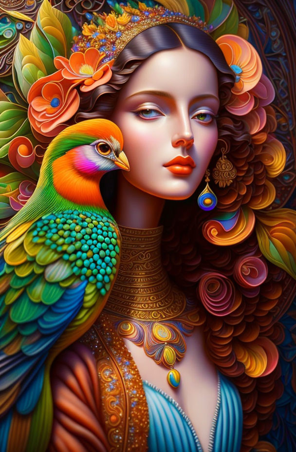 Vibrant digital portrait of woman with floral motifs and bird