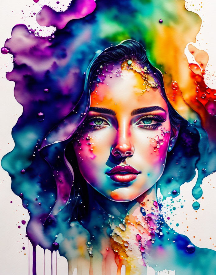 Colorful Watercolor Portrait of Woman with Vibrant Purples, Blues, and Pinks