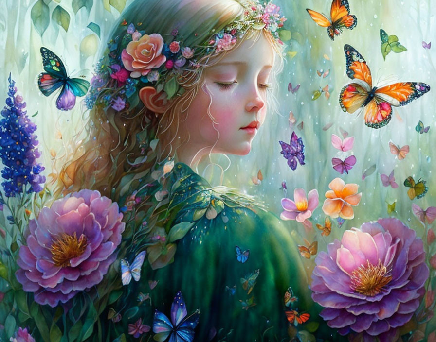 Young girl with floral hair decorations surrounded by vibrant flowers and butterflies