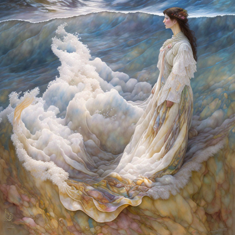 Woman in flowing gown on rocky shore with surreal sea foam waves