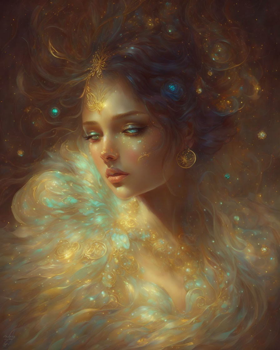 Portrait of woman with golden hair and celestial ornaments in luminous, starry setting