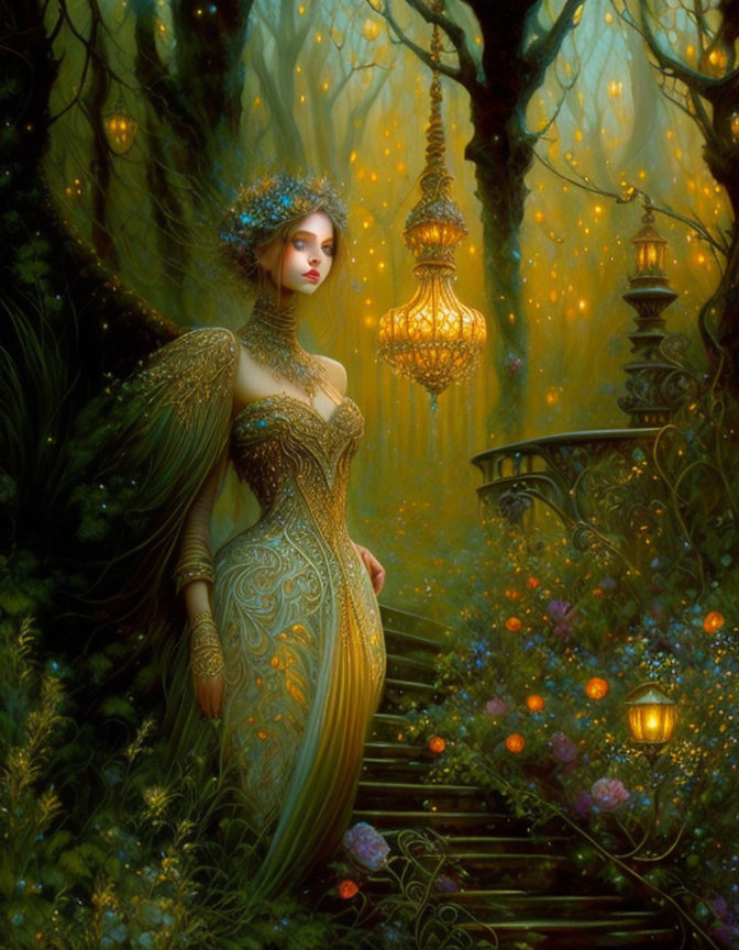 Mystical woman in ornate golden dress surrounded by glowing lanterns and lush greenery