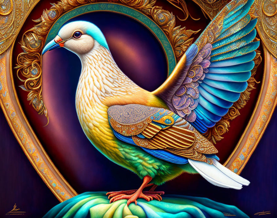 Colorful Pigeon Illustration with Ornate Feathers on Golden Perch