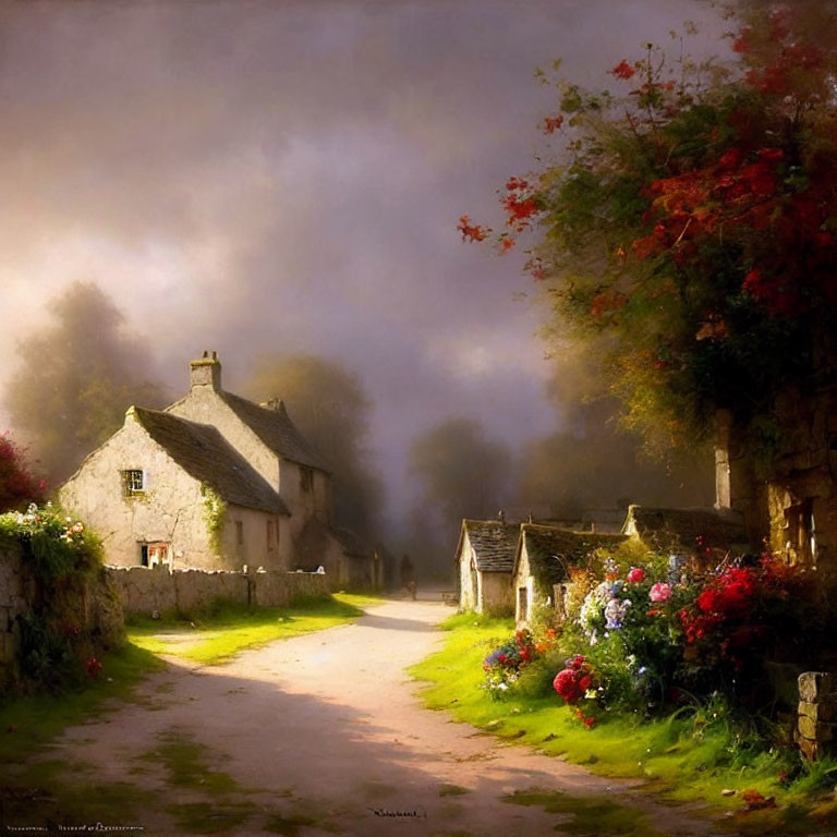 Sunlit country lane with stone cottages and flowers in dawn or dusk ambiance