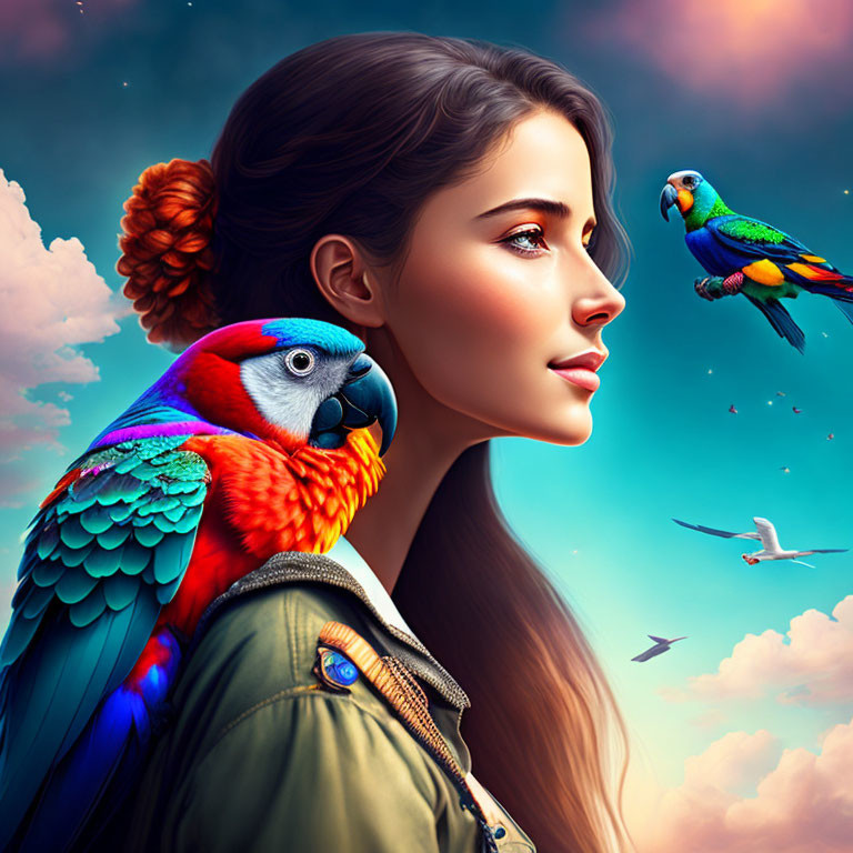 Woman with side braid and parrots in serene sky scene