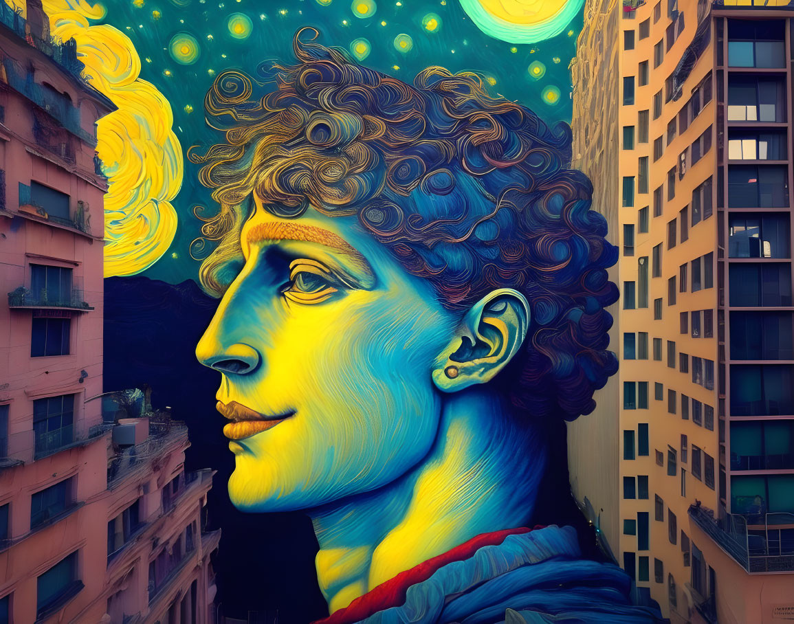 Colorful mural blending classical sculpture with starry night sky and urban buildings