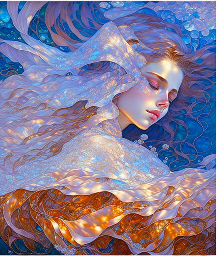 Vibrant illustration of a woman with flowing hair and robes in blue and gold swirls