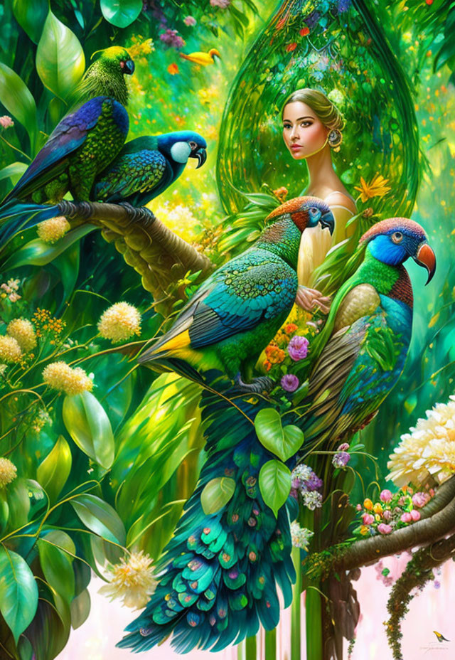 Illustration of woman in lush greenery with colorful parrots