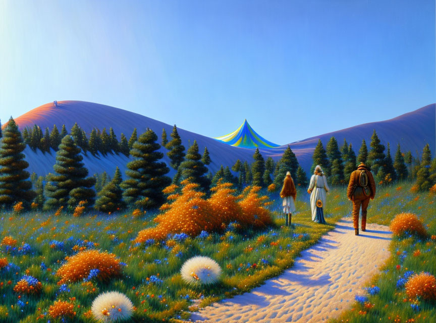 Colorful tent in vibrant meadow with two people walking, pine trees, and sand dunes