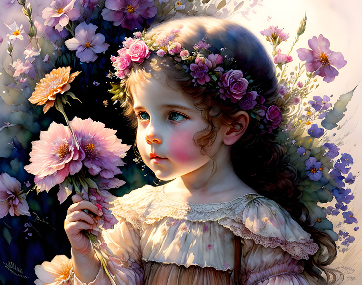 Young girl with floral headband surrounded by vibrant flowers.