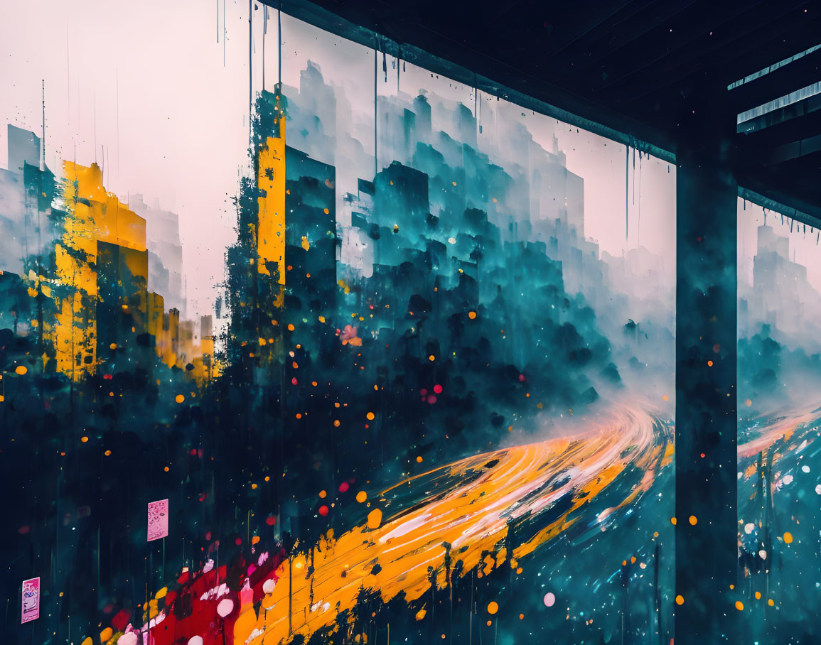 Blurred traffic lights in vibrant yellow and blue tones in futuristic cityscape