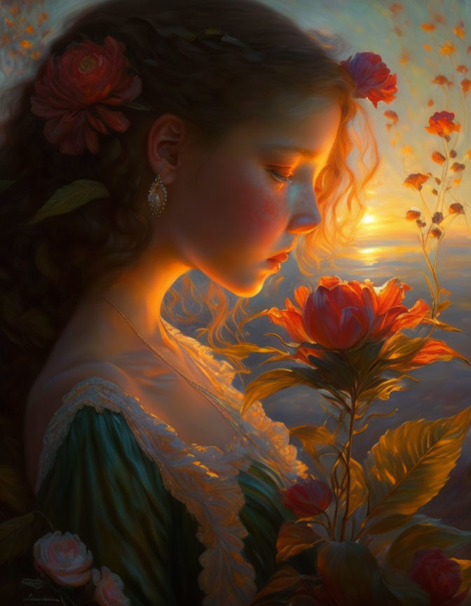 Young woman in vintage green gown gazes at sunset surrounded by blooming roses