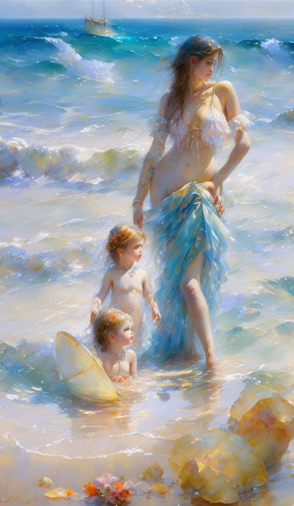 Woman and children at ocean with sailboat and shells in foreground