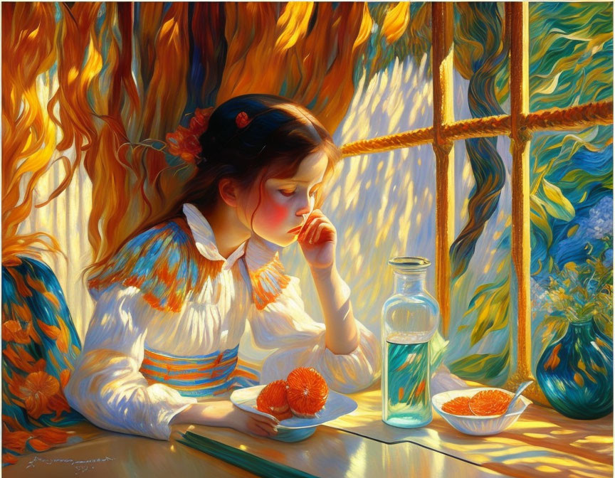 Pensive girl by window with milk and oranges