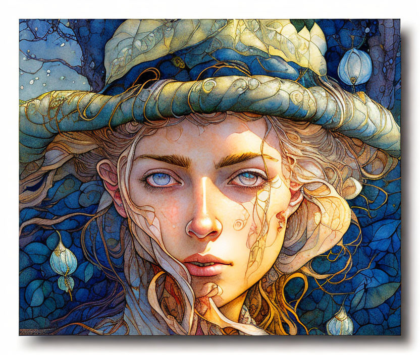 Fantasy illustration of woman with flowing hair in serpentine hat against blue backdrop with plant-like embell