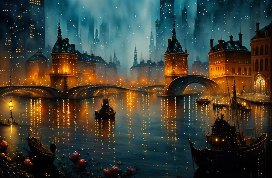 Fantasy night cityscape with illuminated buildings, bridges, boats under starry sky