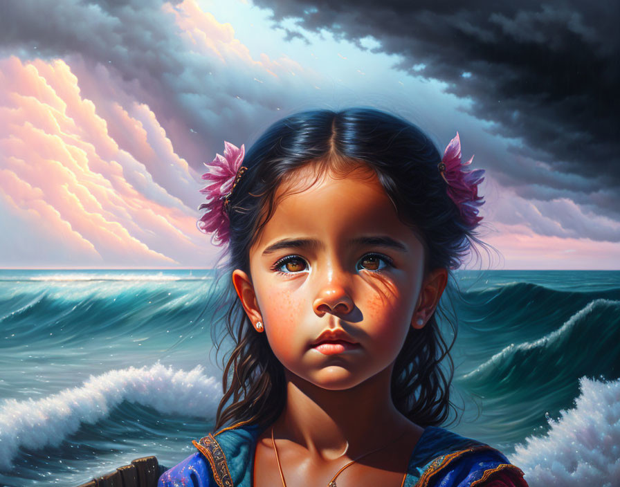 Young girl with flowered hair in front of stormy ocean scene