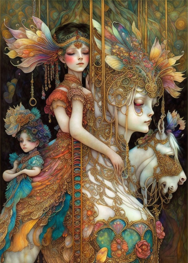 Ethereal artwork of three fairytale figures in intricate attire