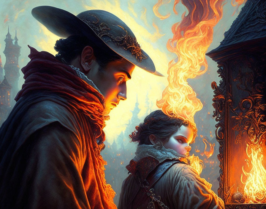 Man and woman in historical attire by blazing fire.