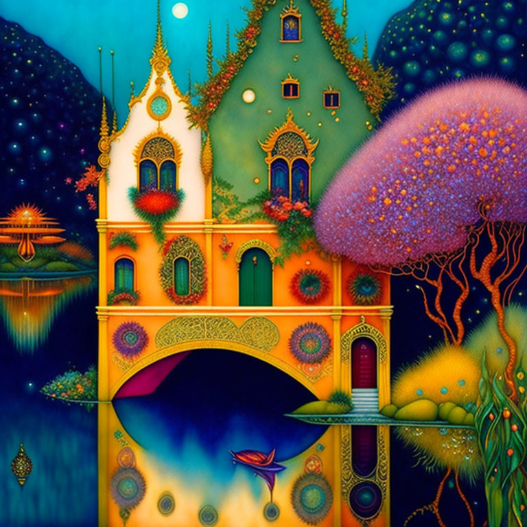 Whimsical fantasy painting of colorful building, starry sky, luminous trees, serene river