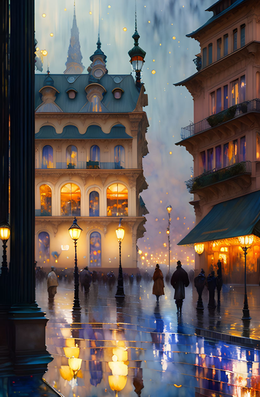 Rain-soaked street with glowing buildings and strolling people