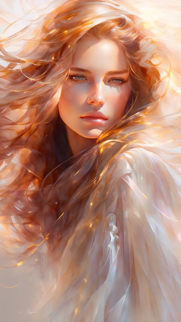 Digital Artwork: Woman with Flowing Hair and Ethereal Garment