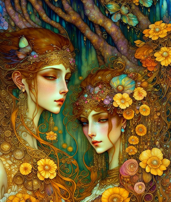 Ethereal female figures with floral headdresses and golden jewelry in lush botanical setting