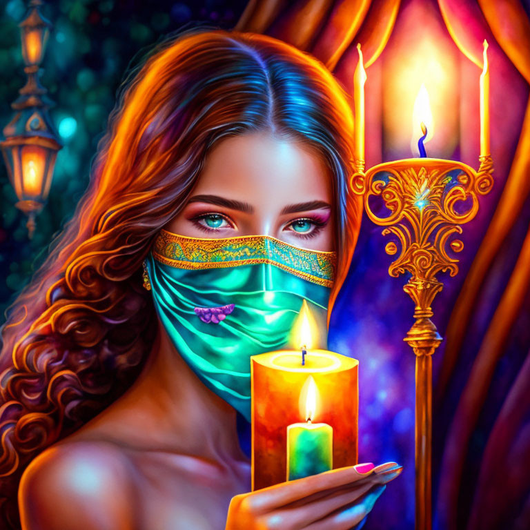 Colorful digital artwork: Woman with flowing hair, candle, decorative mask, luminous eyes