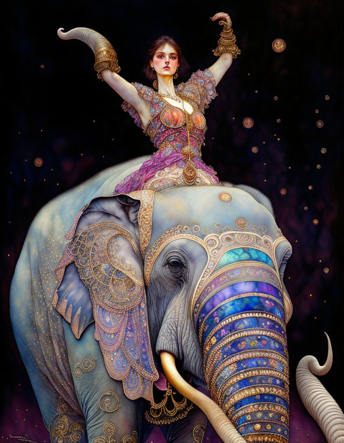 Ornately adorned woman on decorated elephant under starry sky