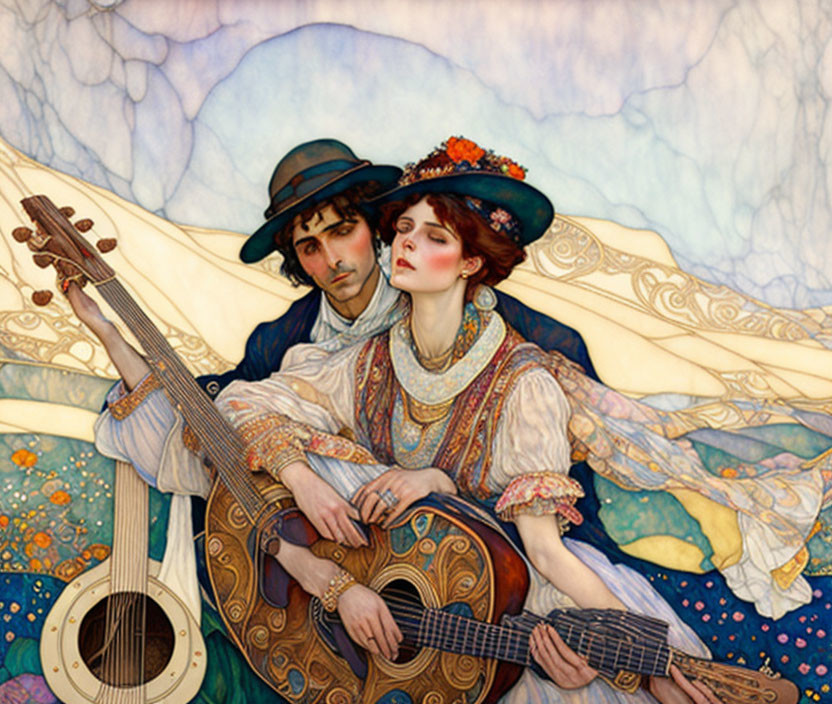 Romantic Art Nouveau illustration of couple with ornate and blue hats by guitar