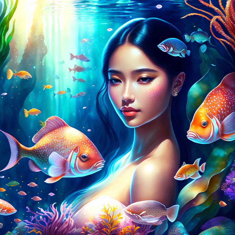 Woman Submerged in Water Surrounded by Fish and Coral