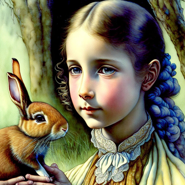 Illustration of young girl with braided hair and yellow dress petting rabbit by tree