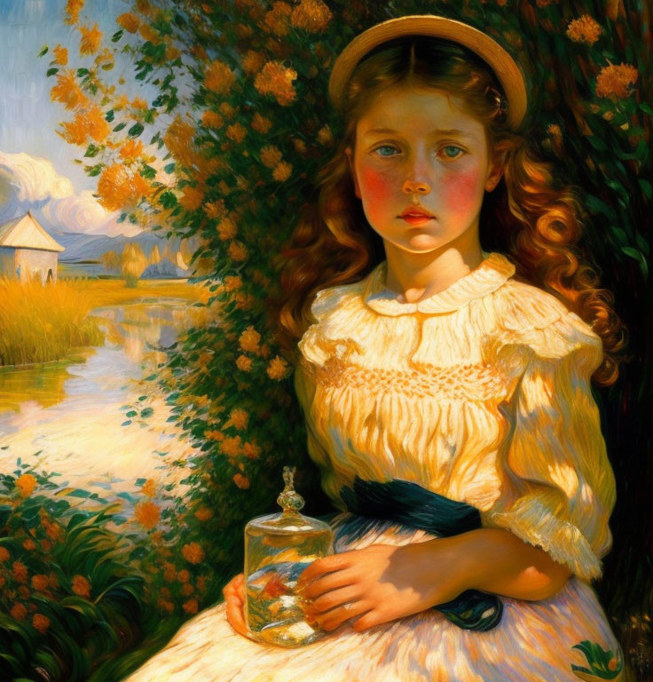 Young girl in straw hat and white dress holding glass jar in vibrant garden