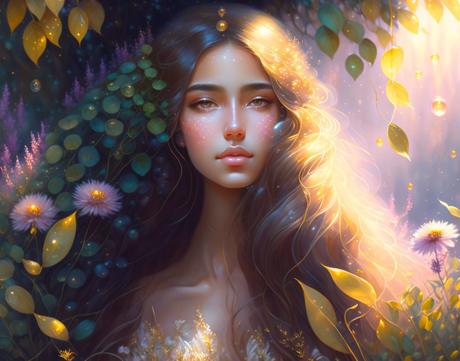 Whimsical woman with flowing hair in magical setting