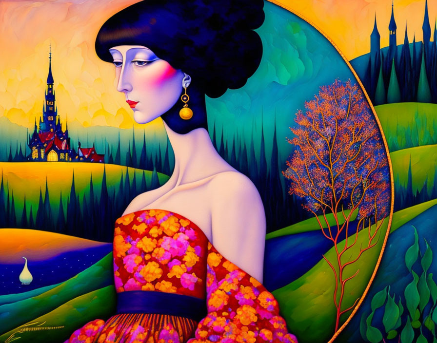 Colorful woman portrait with floral dress in whimsical landscape