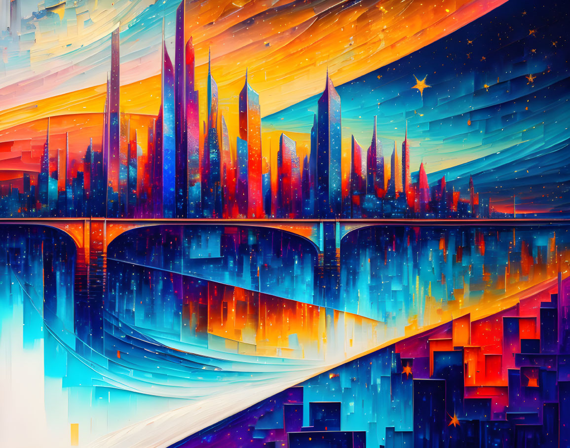 Colorful Futuristic Cityscape with Flowing Highways and Star-Studded Sky