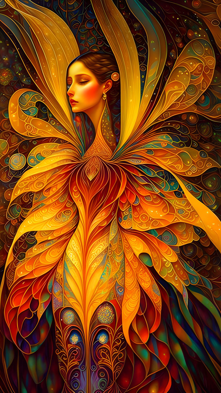 Colorful Stylized Female Figure with Butterfly Wings in Warm Hues