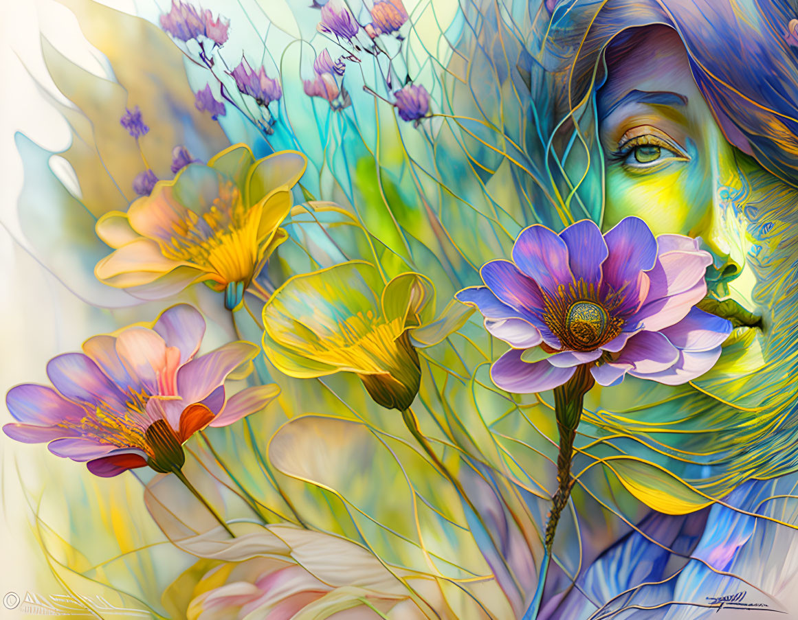 Colorful digital artwork blending woman's face with flowers and flowing lines.