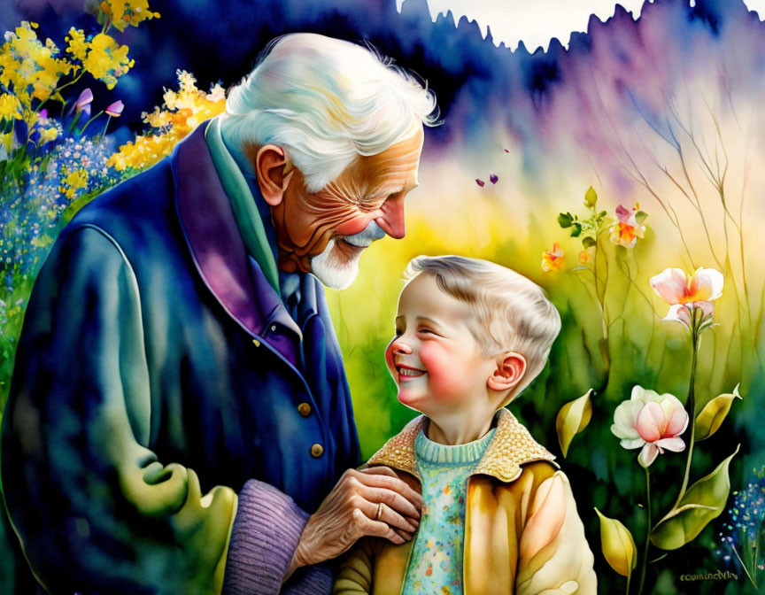 Elderly man smiling at young boy in sunny field with flowers