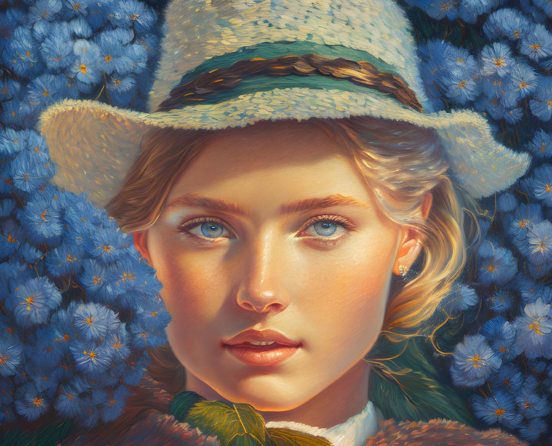 Blonde Woman in Straw Hat Surrounded by Blue Flowers