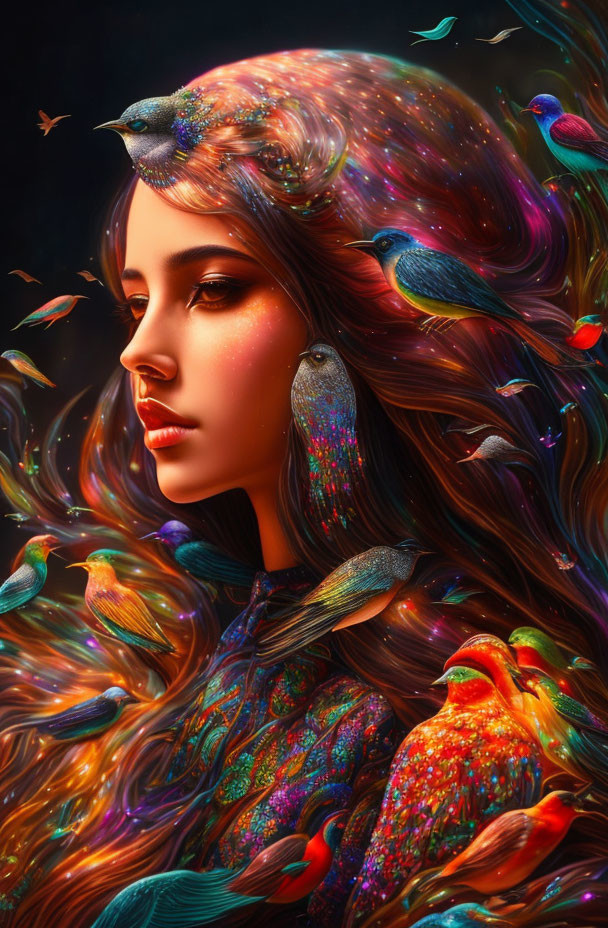 Digital art portrait: Woman blending with cosmic stars and birds